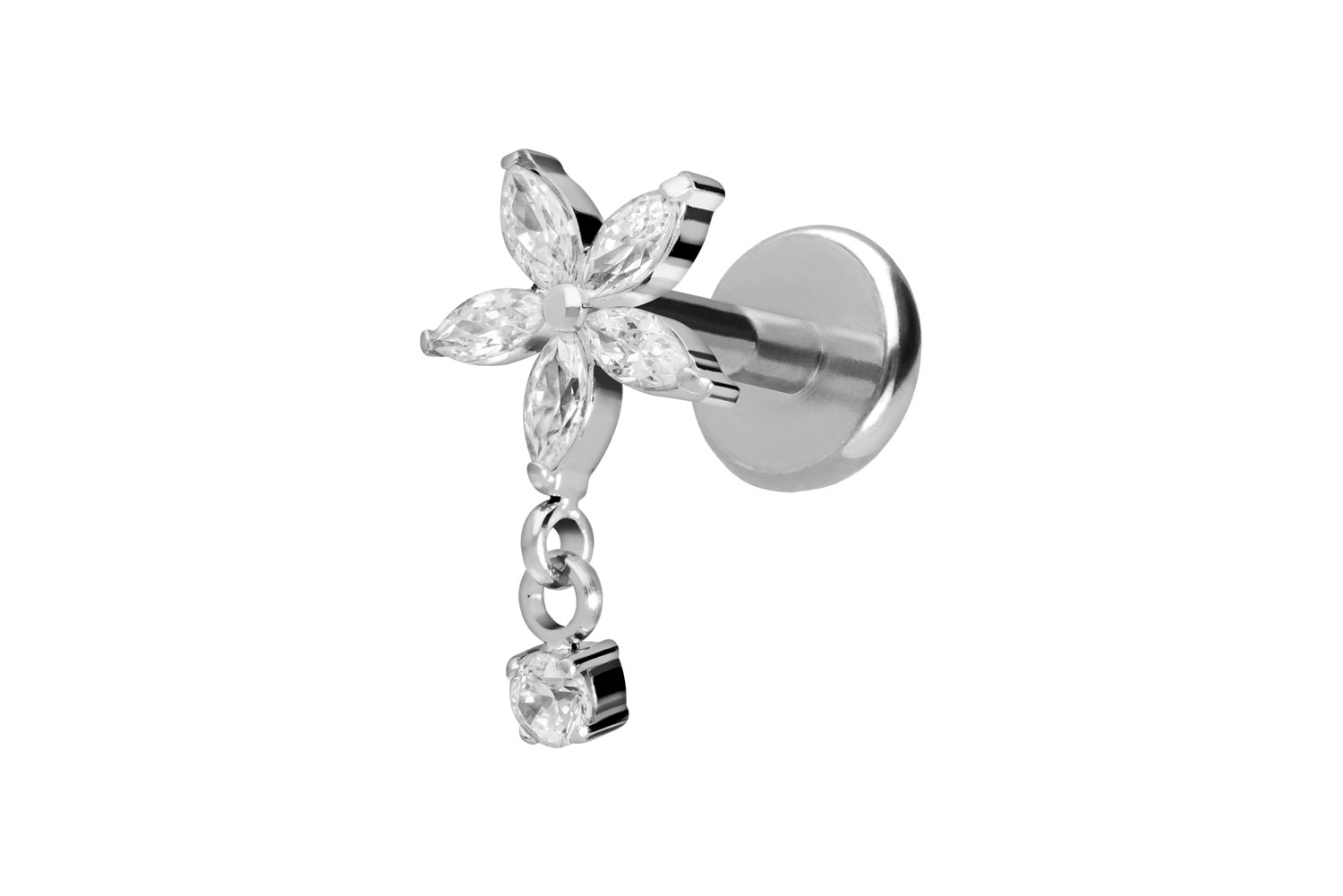 Titan Labret Piercing mit Push Fit KRISTALLBLUME + KRISTALL